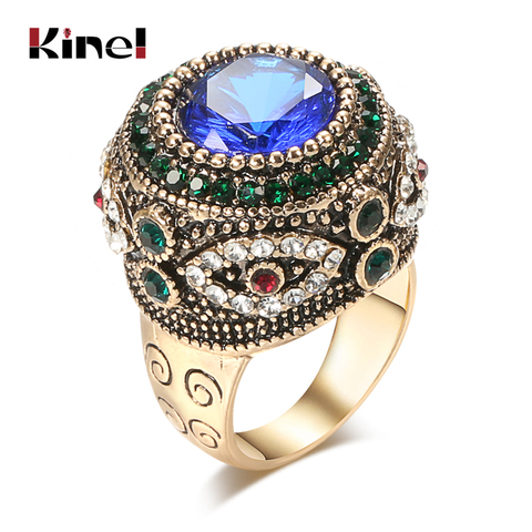 Kinel Fashion Gold Antique Ring For Women Boho Blue Resin Inlay AAA Crystal Punk Charm King Ring Vintage Jewelry ► Photo 1/6