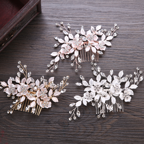 Trendy Silver Color Rose Gold Flower Hair Comb Bridal Hair Accessories Wedding Tiara Hair ornaments Bride Hair Jewelry Handmade ► Photo 1/5