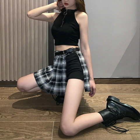 women skirt Harajuku gothic black sexy high waist pleated skirt punk girl's skirt with shorts new summer plaid skirt ► Photo 1/6