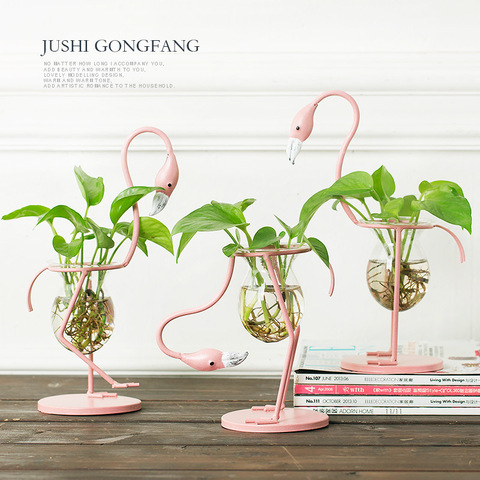 3 Types Pink Flamingo Shape Glass Tabletop Plant Bonsai Flower Wedding Christmas Decorative Metal Vase Home Decoration Accessory ► Photo 1/6
