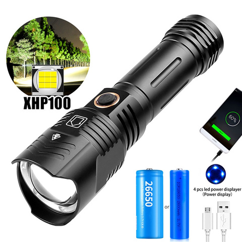 Super Bright XHP100 Flashlight Powerful Torch USB Rechargeable LED Hand Lamp Torch Lantern 26650/18650 Zoom Tactical FlashLight ► Photo 1/6