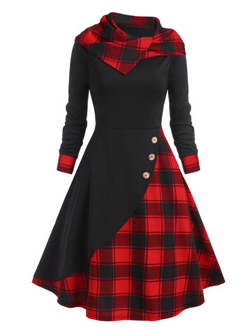 Wipalo Vintage Dress Women Hooded Plaid Mock Button Overlap Midi Dress Gothic Punk Long Sleeve Casual Sexy Party Dress Harajuku ► Photo 1/6