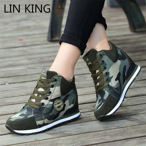 LIN KING Big Size Height Increase Women Casual Canvas Shoes Camouflage Lace Up High Top Tenis Sneakers New Combat Trainers Shoes ► Photo 1/6