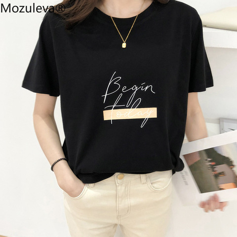 Mozuleva Casual O-neck Letter Print Women T-shirt 2022 Summer Short Sleeve Loose Cotton Female Basic Tops Shirt Ladies Tees ► Photo 1/6