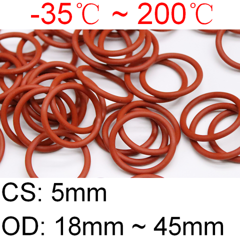 10pcs VMQ Red Silicone O Ring CS 5mm OD 18~45mm FoodGrade Waterproof Washer Rubber Insulated Round O Shape Seal Gasket ► Photo 1/5