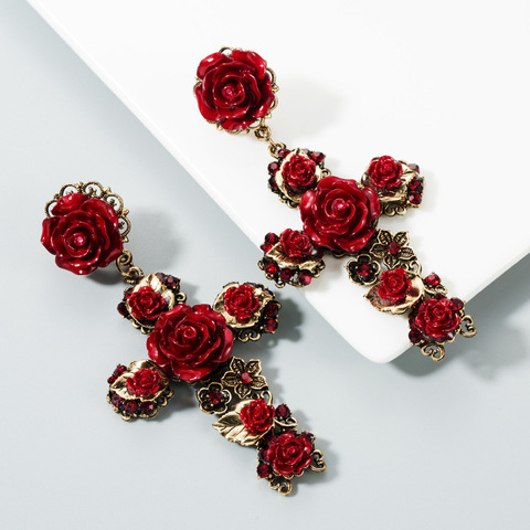 KMVEXO Baroque Vintage Gold Cross Earrings for Women Girls Enamel Rose Flowers Earrings Brincos Fashion Statement Jewelry 2022 ► Photo 1/6