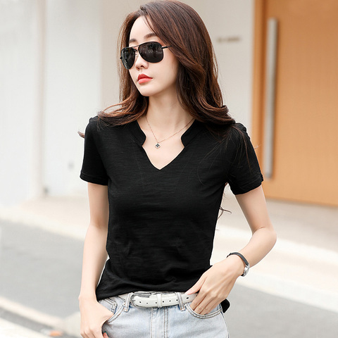 BOBOKATEER plus size v-neck black t shirt women 2022 summer tee shirt femme damskie t-shirt women tshirt cotton camisetas mujer ► Photo 1/6