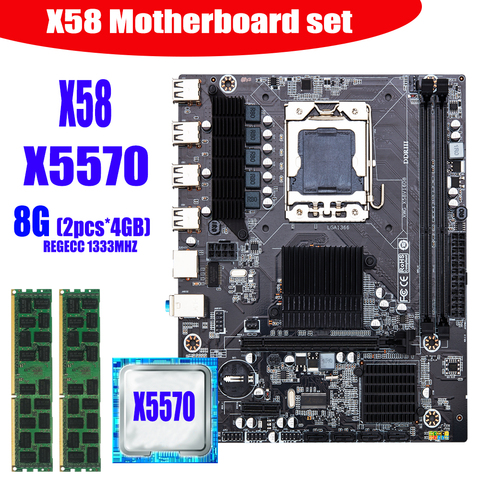 X58 desktop motherboard LGA1366 set kit with Intel xeon X5570 processor and 8Gb(2pcs*4GB) ECC DDR3 1333mhz 10600R RAM memory ► Photo 1/6