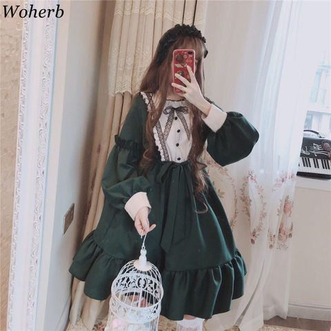 Woherb Gothic Lolita Dress Harajuku Fashion Cross Cosplay Female Dress Japanese Kawaii Green Tulle Dress Cute Girl Streetwear ► Photo 1/4