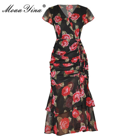 MoaaYina Fashion Designer dress Summer Women's Dress V Neck  Cascading Ruffle Ruched Rose Floral Print package hip Dresses ► Photo 1/6