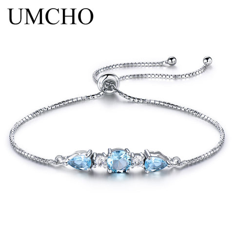 UMCHO Solid 925 Sterling Silver Bracelets & Bangles For Women Natural Sky Blue Topaz Adjustable Tennis Bracelet Fine Jewelry ► Photo 1/6