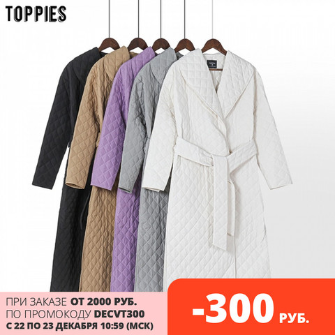 Toppies 2022 autumn winter coat womens argyle long jacket thin parkas double breasted belt coat plaid ► Photo 1/6