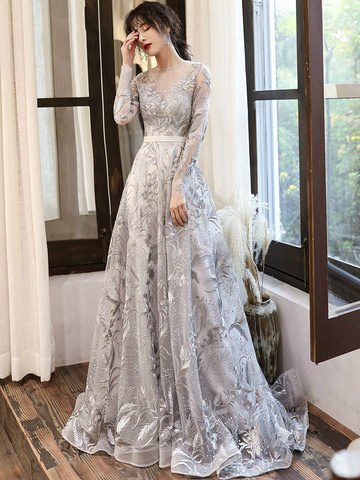 Silver Gray Lace Evening Dresses With Long Sleeves Elegant O-neck A-line Floor-length Backless Celebrity Gowns ► Photo 1/5