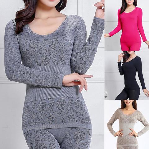 Women Sleepwear 2Pcs Autumn Winter O Neck Top Long Pants Thermal Underwear  Elastic Warm Soft Sleepwear Set Christmas gifts ► Photo 1/6