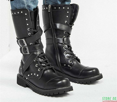 High Top Desert Tactical Military Boots Mens Leather Motorcycle Boots Army Combat Boots Fashion Male Gothic Belt Punk Boots ► Photo 1/6