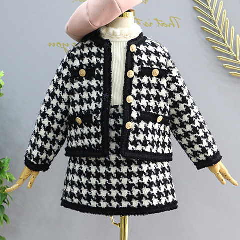 Girls Sets Children'S Clothing Autumn Winter New Plaid Korean Student Suit Knit Cardigan Sweater+ Short Skirt 2pcs Kids Outfits ► Photo 1/6