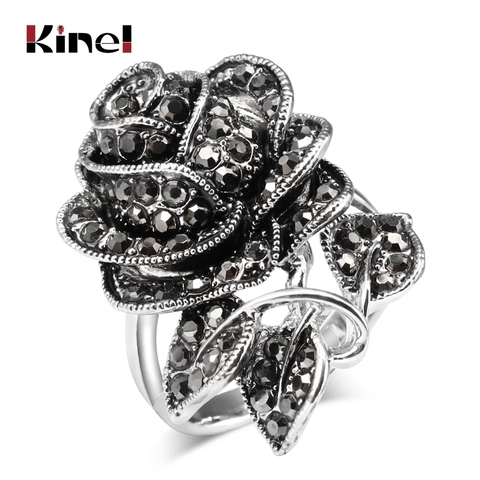 Kinel 2022 Vintage Rose Ring For Women Antique Silver Color Black Crystal Rings Christmas Gift Mixed Wholesale ► Photo 1/6