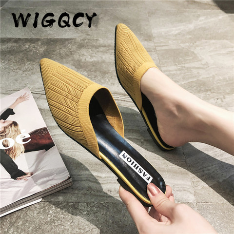 New Women's Summer Solid Toe-covered Slipper Fashion Pointed Woven Breathable Lazy Slippers Flat Sandals Women Mule Slides Shoes ► Photo 1/6