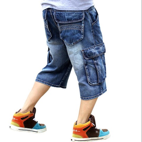Men Loose Baggy Denim Shorts Men Jeans Streetwear Long 3/4 Capri Cargo Shorts Pocket Bermuda Male Multi-Pocket Denim Shorts ► Photo 1/6