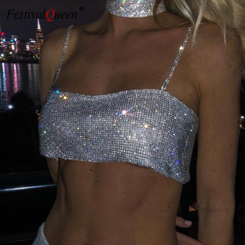 2022 Summer Shiny Crystal Chain Tank Top Silver Metal Mesh Halter Metallic Strap Crop Top Vest Party Clubwear Outfits ► Photo 1/6