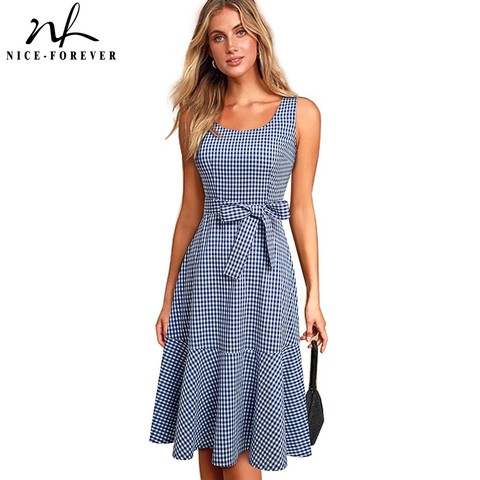 Nice-Forever New Summer Casual Plaid Cottagecore Dresses with Sash A-Line Women Flare Swing Dress A192 ► Photo 1/6