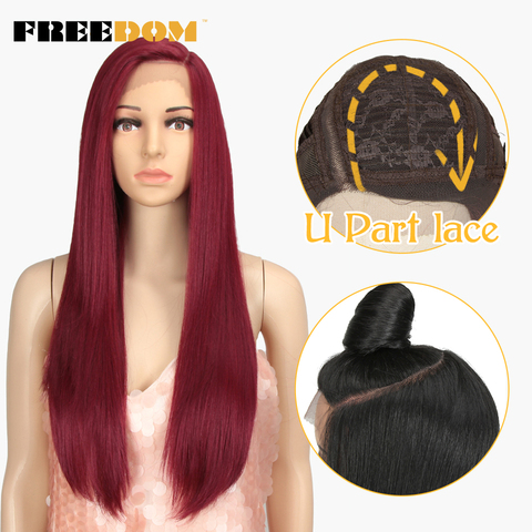 FREEDOM U Part Synthetic Lace Front Wigs For Women Red Pink 4 COLOR Straight Braid Ponytail Bun Wigs Heat Resistant Free Parting ► Photo 1/6