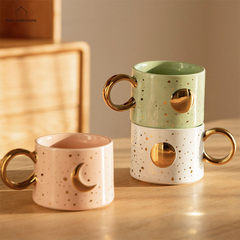 MDZF SWEETHOME 300ml Moon Sun Ceramic Mug Gold Handgrip Coffee Milk Cup Creative Home Office Water Cup Couple Gift ► Photo 1/6