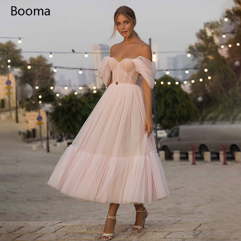 Booma Blush Pink Short Prom Dresses 2022 Off Shoulder Tiered Skirt A-Line Party Dresses Pleated Tea-Length Tulle Formal Gowns ► Photo 1/5