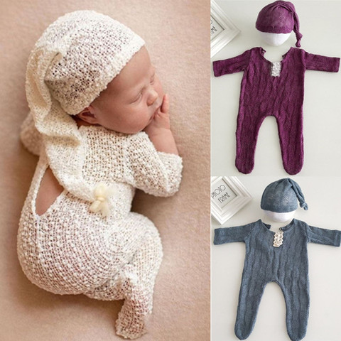 2Pcs Newborn Photography Props Suit Romper + Hat Set Long Sleeve Jumpsuits Bodysuit Handmade Knit Outfit Clothing Infants Shower ► Photo 1/6