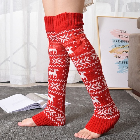 1Pair Christmas Women Long Knitted Thigh High Stockings Winter Soft Over Knee Leg Warmers Red/Grey ► Photo 1/6