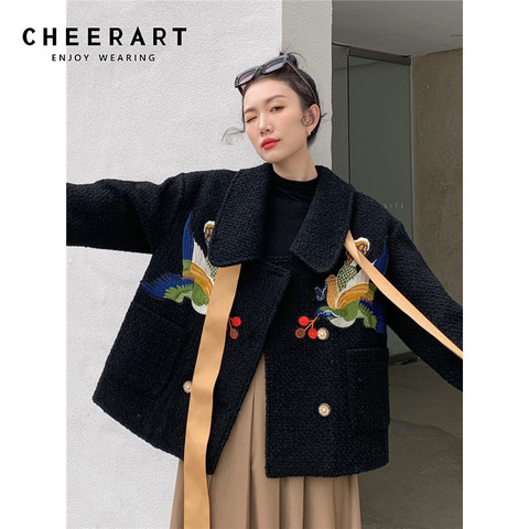 CHEERART Designer Wool Coat Women Bird Embroidered Coat Ribbon Black Tweed Jacket Fashion 2022 Kawaii Outerwear Korean ► Photo 1/6