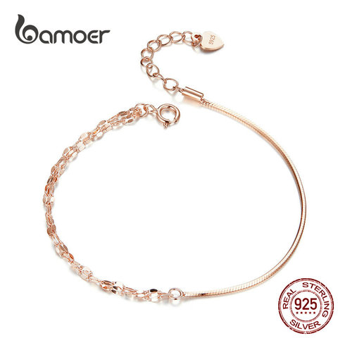 bamoer Basic Rose Gold Color Silver Bracelet Cable Box Chain Lobster Lock Bracelets Sterling Silver Jewelry Match Joker SCB149 ► Photo 1/6