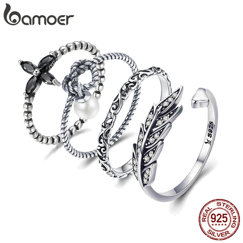 BAMOER Retro Blackening Craft Finger Rings for Women Vintage Black Ring Authentic 925 Sterling Silver Fine Punk Industrial Style ► Photo 1/6