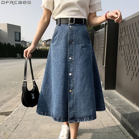 New High Waist Denim Skirt Streetwear A-Line Long Skirts For Women Big Swing Single-Breasted Belt Saia Jeans Blue Black Faldas ► Photo 1/6