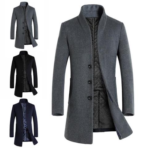 Men Winter Warm Solid Color Woolen Trench Coat Slim Outwear Overcoat Long Jacket Men's solid color jacket with long button wool ► Photo 1/6