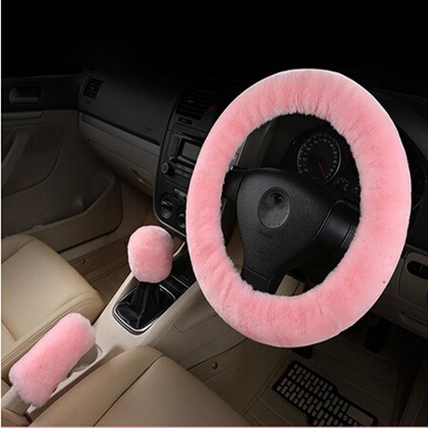 Car Steering Wheel Cover Gearshift Handbrake Cover Protector Decoration Warm Super Thick Plush Collar Soft Black Pink Women Man ► Photo 1/6