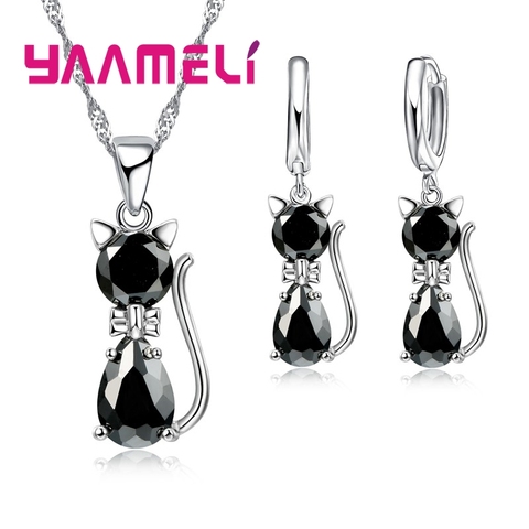 7Colors Options Cat Pendant Necklace Earrings Sets Real 925 Sterling Silver CZ Crystal Jewelry for Women Girls Gifts ► Photo 1/6