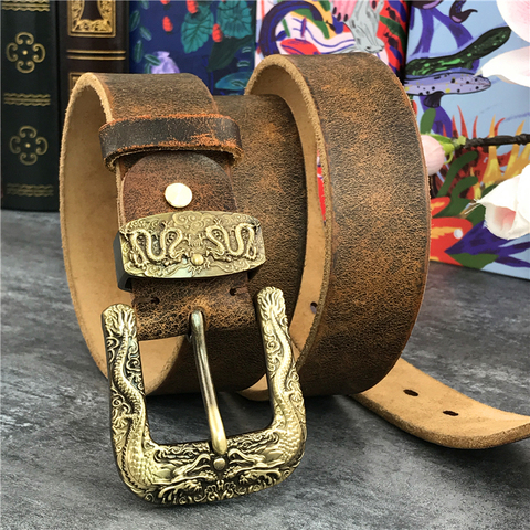 Chinese Dragon Cowboy Brass Belt Buckle Men's Belt Ceinture Homme Yellow Belt Male Wide Jeans Men Leather Belt Riem MBT0099 ► Photo 1/6