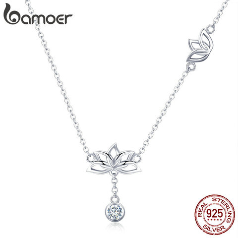 BAMOER Elegant 100% 925 Sterling Silver Lotus Flower Pendant Necklaces for Women Clear Cubic Zircon Necklaces Jewelry BSN012 ► Photo 1/6