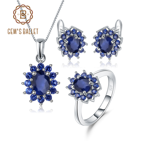 GEM'S BALLET Princess Diana Natural Blue Sapphire Pendant Earrings Ring Set 925 Sterling Silver Vintage Jewelry Set for Women ► Photo 1/6