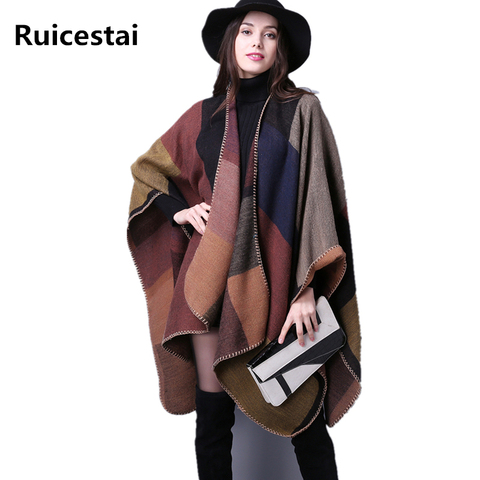 brand 2022 women winter scarf warmer shawl ladies Vintage plaid Blanket knit wrap Cashmere poncho capes female echarpe pashmina ► Photo 1/6