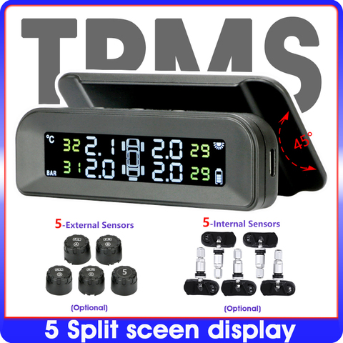 Car Tire Pressure Monitor System Solar Power  Adjustable LCD Screen Automatic Brightness Control  Wireless 5 Tire TPMS ► Photo 1/6