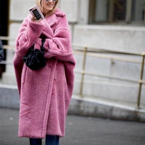 Teddy Jacket Ladies Outdoor Overcoat, Pink Teddy Faux Fur Long Coat