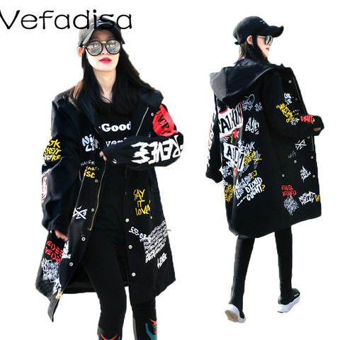 Vefadisa Women Scrawl Overcoat 2022 Autumn And Winter Long Hooded Women Cotton Coat Letter Printing Women Jacket DQ0287 ► Photo 1/6