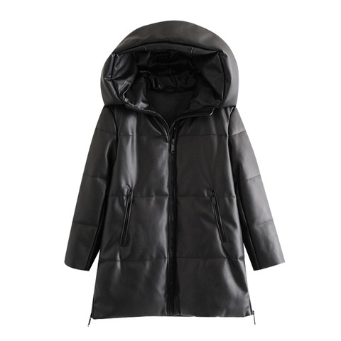 BBWM Women 2022 Winter Fashion Thick Warm Faux Leather Parkas Vintage Hooded Long Sleeve Padded Jacket Female Chic Overcoat ► Photo 1/6