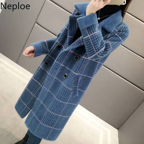 Neploe Imitation Water-coat Mid Long Cardigans Abrigos Mujer Invierno 2022 Loose Slim Thick Plaid Jacket Autumn Winter  46357 ► Photo 1/6