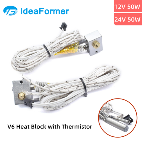 V6 Heating Aluminum Block+NTC100K Thermistor with XH2.54 terminal+12V/24V 50W Heating Tube for V6 J-head Hotend 3D printer Parts ► Photo 1/5