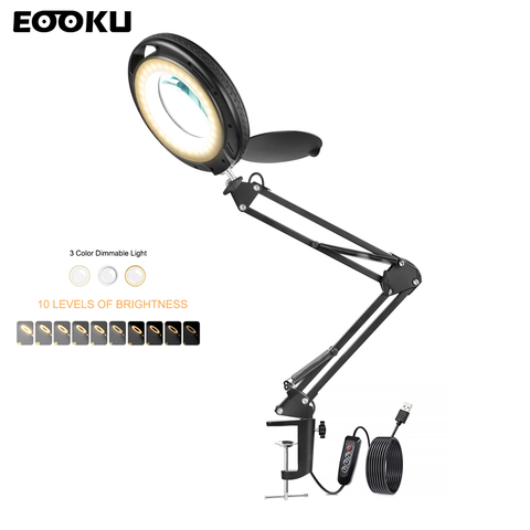 EOOKU 8W USB Table Lamp 5X Magnifier Desk Light Foldable 3-Color 10-Level Dimming With Dust Cover For Professional Reading ► Photo 1/6
