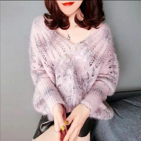 Sweater women's pullover hollow knit top V-neck loose trend 2022 new women's mohair bright silk sweater women ► Photo 1/6