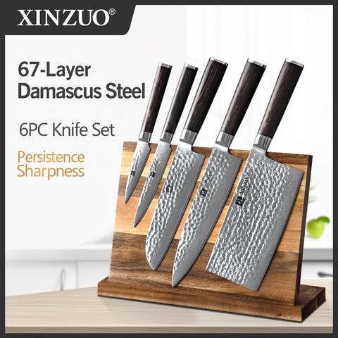 XINZUO 6PCS Damascus Steel Knife Sets Acacia Wood Magnetic Knife Holder Knife Block Knife Stand Storage Organizer For Knives Set ► Photo 1/6